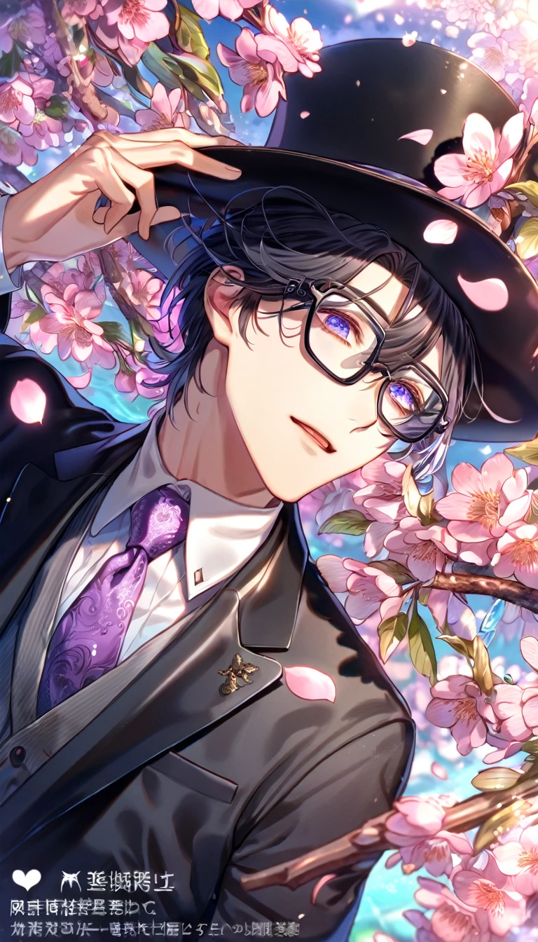 Ultra detailed, highres, absurdres, HDR, master piece, Hirato, black hair, hair is parted to the left which sticks out at the ends, expressive violet eyes, Karneval, fantasy, pink petals, water, pink flowers, handsome, sexy man, solo, best quality, blossoms, blue shining fireflies, black rectangular glasses, black gentleman hat, plum coloured tie, black jacket,
