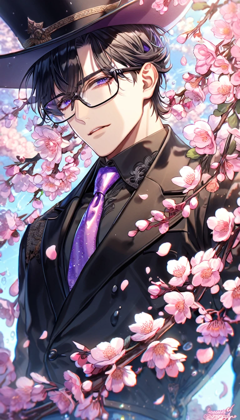 Ultra detailed, highres, absurdres, HDR, master piece, Hirato, black hair, hair is parted to the left which sticks out at the ends, expressive violet eyes, Karneval, fantasy, pink petals, water, pink flowers, handsome, sexy man, solo, best quality, blossoms, blue shining fireflies, black rectangular glasses, black gentleman hat, plum coloured tie, black jacket,