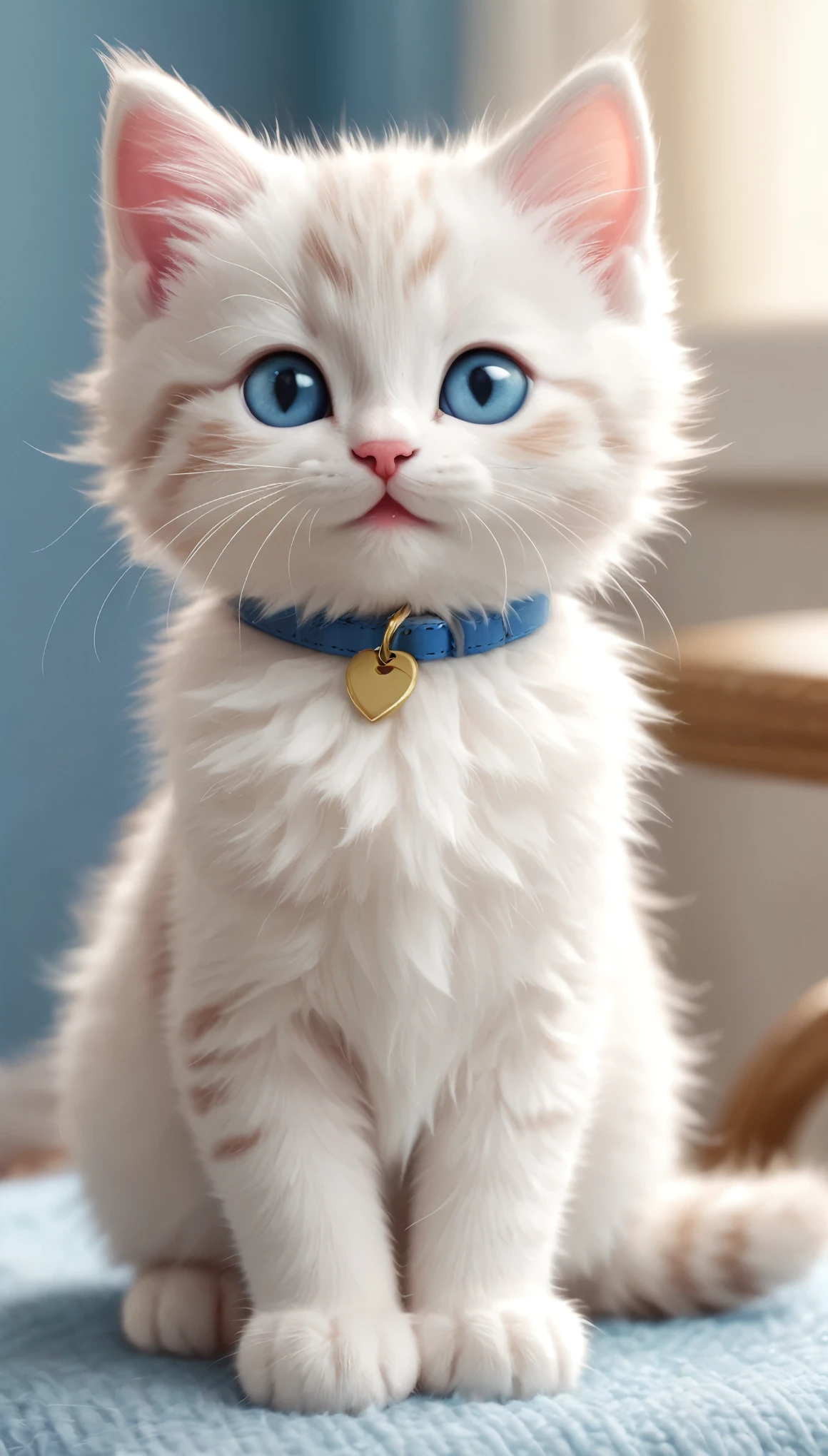 an adorable cartoon-style kitten sitting in a cute pose. The kitten has a fluffy blue and white fur pattern with large, expressive blue eyes and a happy, open-mouthed smile. The kitten's ears are pointed and slightly pink on the inside. It wears an red collar with a small gold tag. The fur is detailed and plush, giving the kitten a soft and cuddly appearance. The background is a simple, light pastel color to keep the focus on the kitten. The lighting is soft, adding a gentle glow to the scene.
