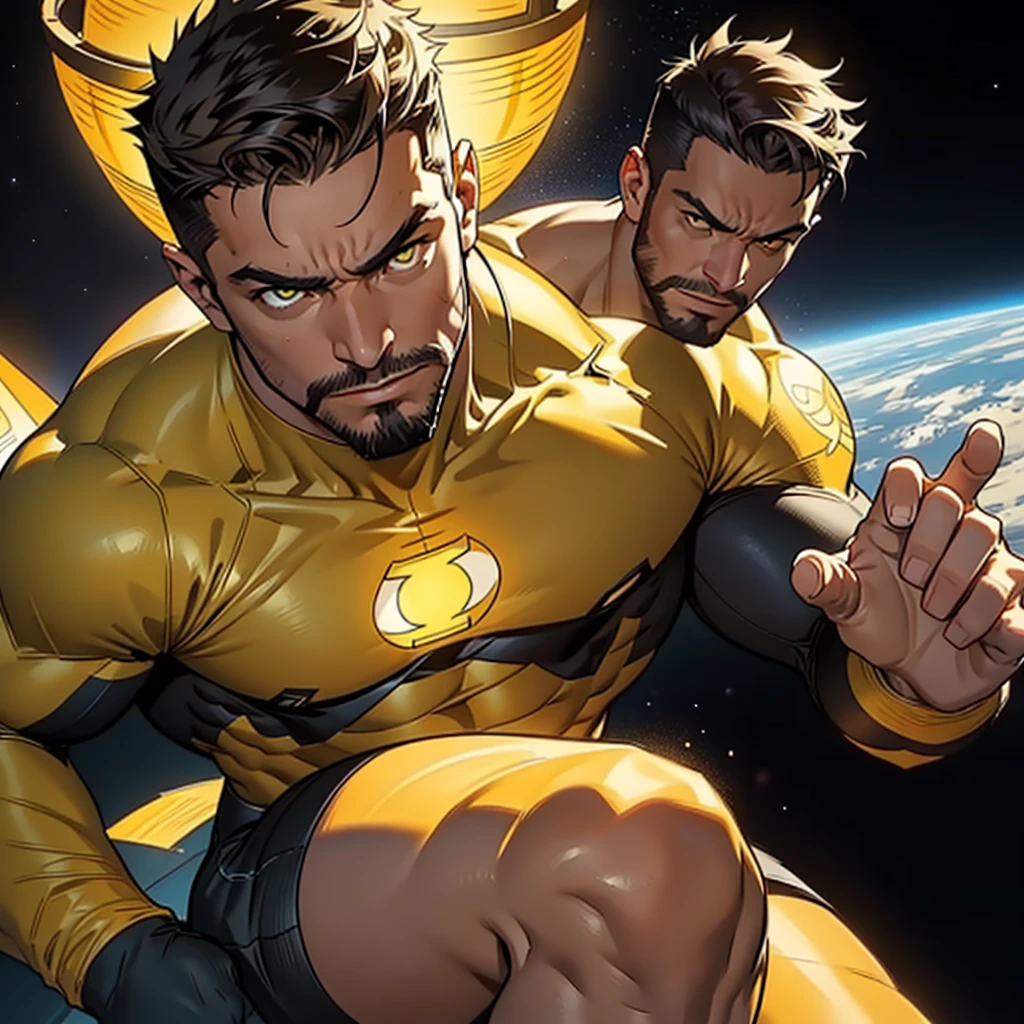 An award-winning original photo,A wild muscular man, (30 years old man:1.3), 1boy, Solo, (wearing a (yellow lantern) metal suit), (yellow ring on a finger), spikes, neon stripes, black hair, (big shoulder), muscular, hunk, stubbles, Short beard, (Detailed face:1.3), (beautiful eyes:1.2), really angry, Dynamic Angle, volumetric lighting, (Best quality, A high resolution, Photorealistic), Cinematic lighting, Masterpiece, RAW photo, Intricate details, hdr, depth of field, knee-up shot, in space background