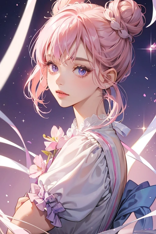 She has lavender eyes and pink hair worn in a pair of buns held by white ribbons. The bangs are short and straight with a tiny split off-centre. SPARKLE; GLITTER