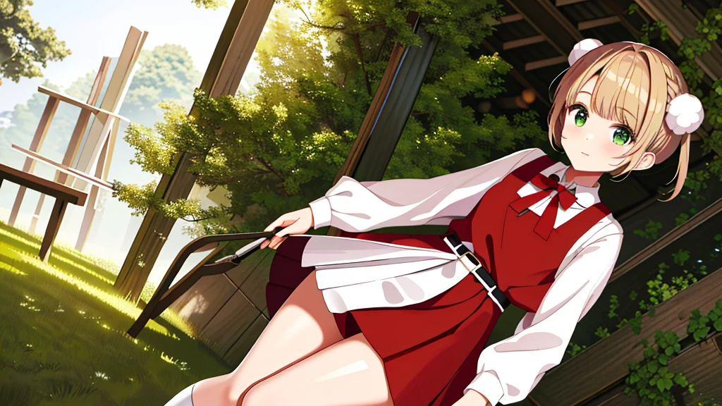 masterpiece, Highest quality, High resolution, ui3, One girl, alone, Green Eyes, Pom-pom \(Clothes\), Apron dress, White shirt, White socks,Jumper skirt、 Long sleeve, Dilapidated, short hair, belt, Red bow tie, bangs, , 青いClothes, Collared shirt, Cowboy Shot,