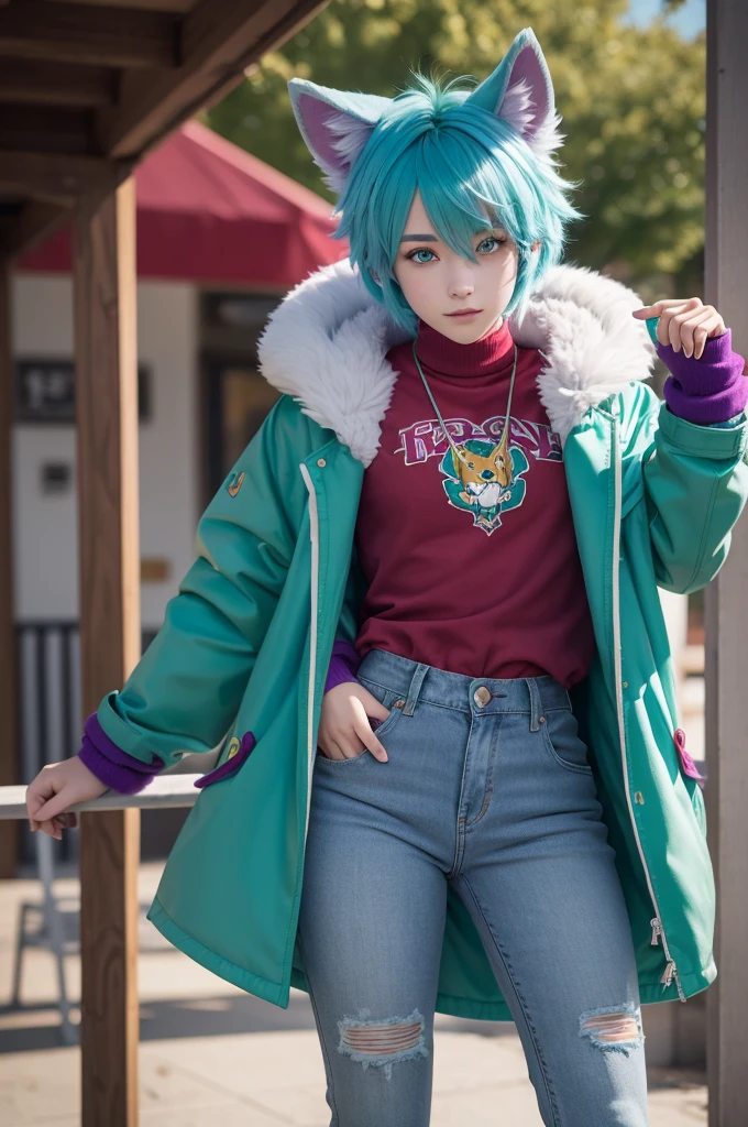 A teenage furry with cyan hair, purples eyes, wears a green coat and red jeans with red boots, its tail is yellow and its fur is light gray