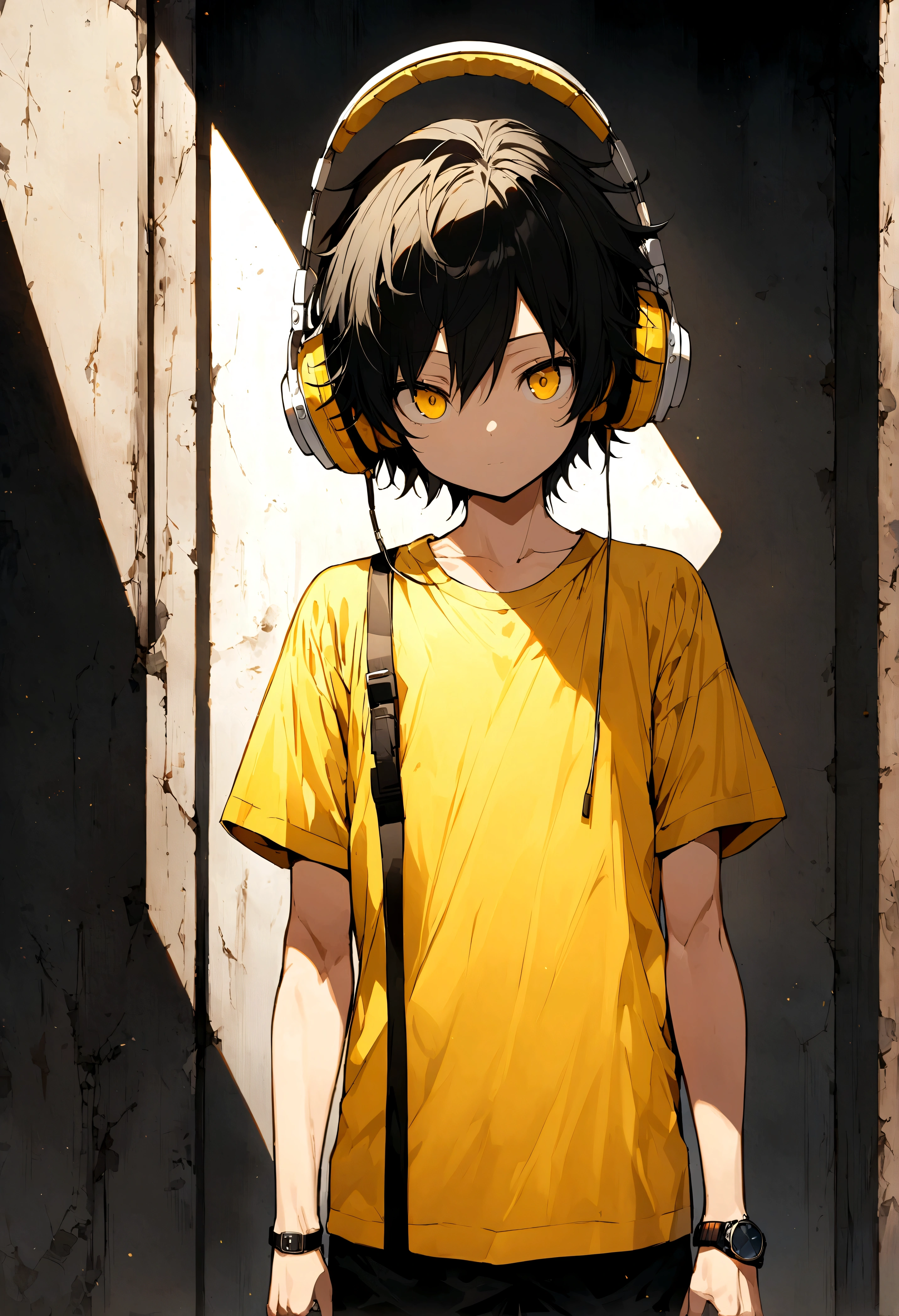 anime solo male, height 160cm, eyes black, hair black, wears white headphones on head, wears yellow simple looking t-shirt, wears shorts, facing at viewer, no smile, a wrist watch.