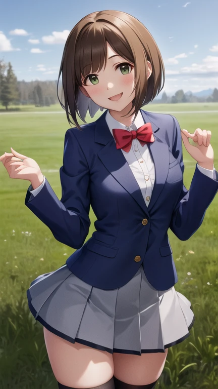 masterpiece, best quality, highres, maemiku, short hair, fang, , red bow, collared shirt, blue jacket, blazer, long sleeves, pleated skirt, grey skirt, black thighhighs, cowboy shot, smile, standing, outdoors