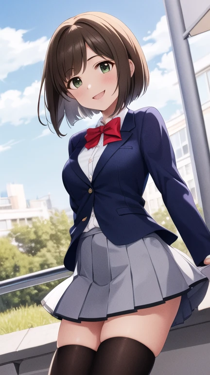 masterpiece, best quality, highres, maemiku, short hair, fang, , red bow, collared shirt, blue jacket, blazer, long sleeves, pleated skirt, grey skirt, black thighhighs, cowboy shot, smile, standing, outdoors