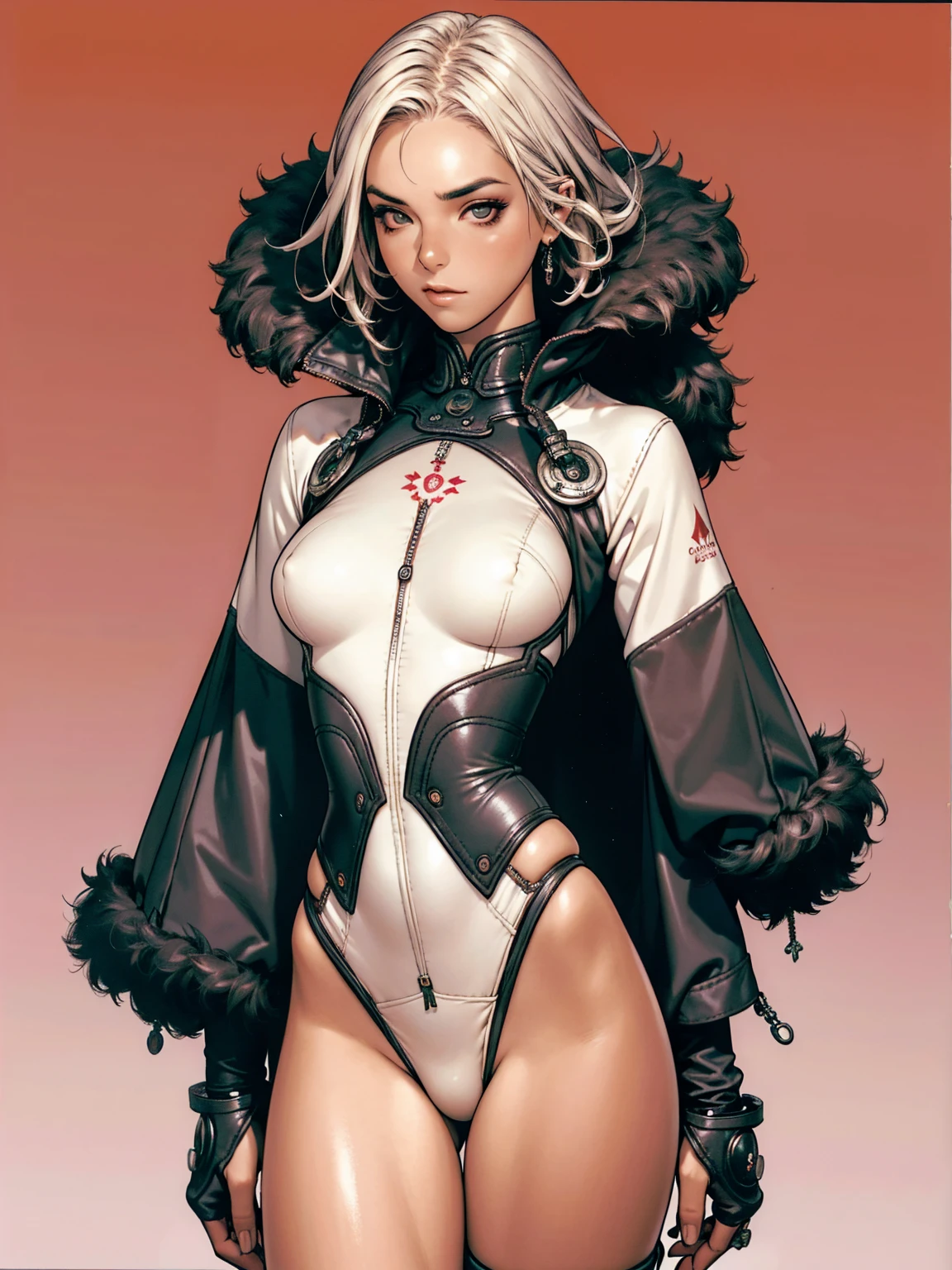 (((Annie Lennox))), (((Dark red))), (scars), (((Bandaged body))), ((hooded cloak)), (((best qualityer: 1.4))), (Unbeatable masterpiece), (hiper HD),(CG 8k hyper-realistic), (((brave face))), (((breasts big))), (((hyper feminine))), sexly girl, black tattoo,(ultra short pink hair)), ((( sculptural body ))), (((1 Kizi))), Kizi tatuada de 25 anos com perfectbody,,Beautiful and well-groomed face,muscular body:1.2,solid color detailed jacket, (Head to thigh photos), Complex equipment, green dark,long pants,Tight clothes are dark,With white stars and off-white stripes,,,,,Armor Metal Electronic Parts, Poison tattoos ) INFO, Kizi, (((standing alone))), pirralha violent, ((())), sexly, pose de atitude, work of art, post-apocalypse, (((manga style))), bounty hunter, violent, Manic, the way you want, slenderbody, thin but strong, perfectbody, roupa moderna, advanced technology, Pleated mini skirt with checkered pattern in red and black, fur collar jacket, sleeves with vertical striped pattern, neutral background, (( cowboy shot )). intricate visual