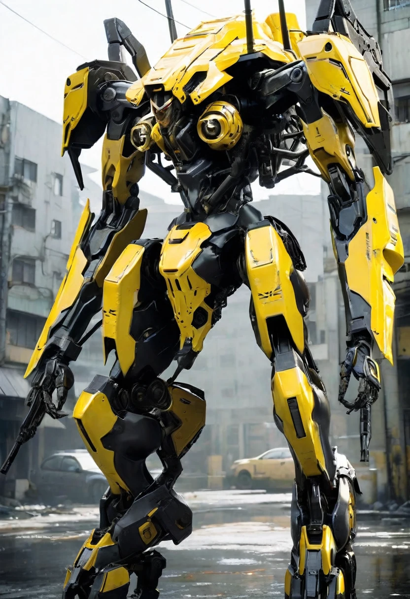 A giant mecha spider designed based on an enemy of a Metal Gear Solid character, in striking yellow and black. high-contrast lighting,  got missile launchers,the  environment is a post-apocalyptic urban war city ruin,  with army and tank, broken place adding depth. The scene's mood is tense and foreboding, alloy armor striking the color, with a metallic sheen reflecting exoskeleton. ultra realistic , ultra details with gears,