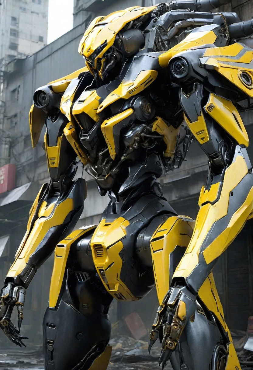 A giant mecha spider designed based on an enemy of a Metal Gear Solid character, in striking yellow and black. high-contrast lighting,  got missile launchers,the  environment is a post-apocalyptic urban war city ruin,  with army and tank, broken place adding depth. The scene's mood is tense and foreboding, alloy armor striking the color, with a metallic sheen reflecting exoskeleton. ultra realistic , ultra details with gears,