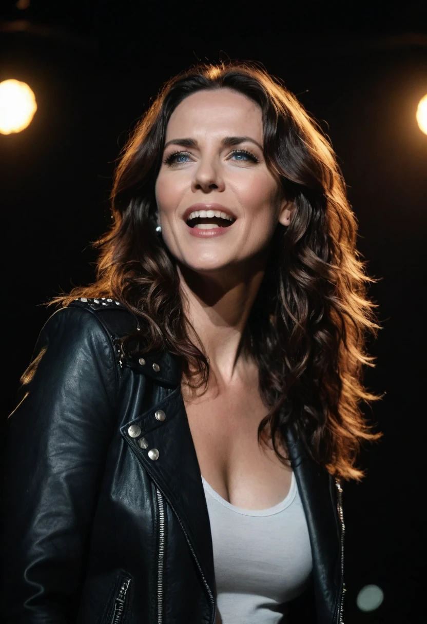 A young Jennifer Haben from German Rock Band Beyond the Black stands confidently in front of a dramatic darkened stage, her striking blue eyes glowing with intensity as she belts out powerful vocals. Framed by spotlights, her long, curly brown hair cascades down her back like a fiery waterfall. She wears a black leather jacket with silver studs, and a flowing white shirt, accentuating her strong jawline and radiant smile. The background is shrouded in darkness, with only the faint outline of a cityscape visible through the haze, symbolizing the band's global reach and Jennifer's meteoric rise as a rock star.