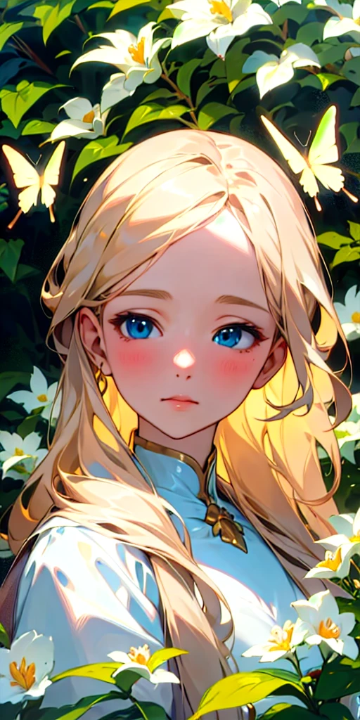 (best quality, masterpiece, ultra-realistic), portrait of 1 beautiful and delicate girl, Long Blond beige hair, blue eyes , with a soft and peaceful expression, the background scenery is a garden with flowering bushes and butterflies flying around.
