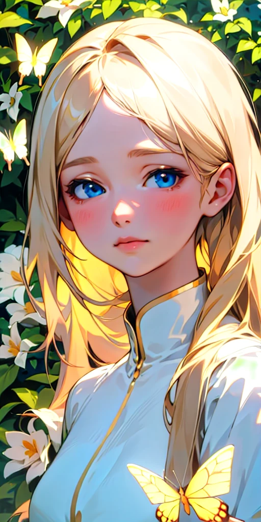 (best quality, masterpiece, ultra-realistic), portrait of 1 beautiful and delicate girl, Long Blond beige hair, blue eyes , with a soft and peaceful expression, the background scenery is a garden with flowering bushes and butterflies flying around.