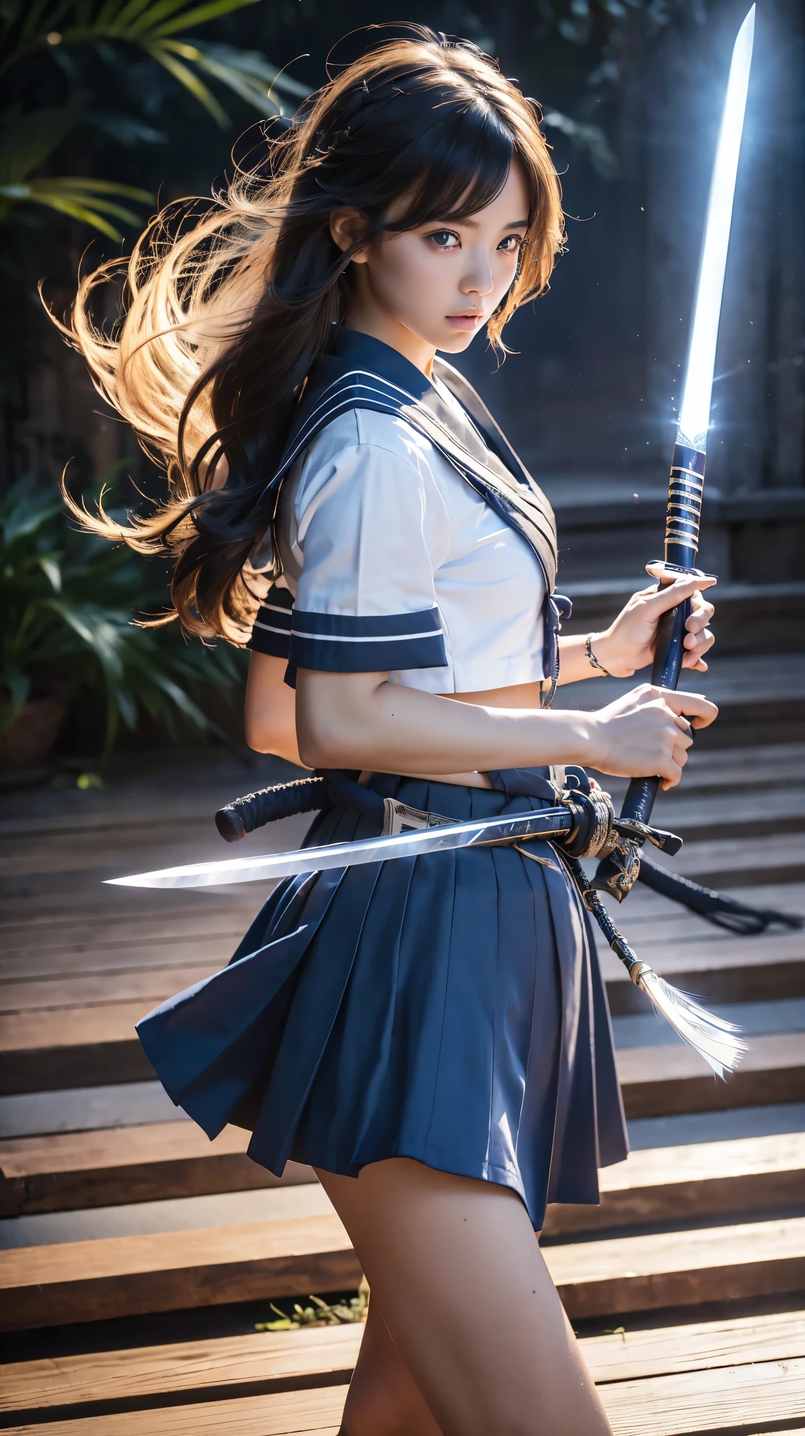 (Ultra HD, Highest quality, High resolution, Hyperrealistic, super beautiful), 24000dpi, Beautiful woman, Long Tail, Well-formed eyes, Eyesight max, 18-year-old, Alluring, Completely American, perfect body, Physical Beauty, ((Japanese blue sailor uniform:1.2, Navy blue mini skirt, serafuku, JK)), (((2 foot knife, He is carrying an electric Japanese sword., Two-Way))), Blue Lightning, Charge Move, Special move stance, All in one, (Seven swords fly around her), whole body