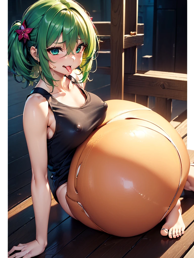 (NFSR8k, Highest quality, masterpiece:1.2), Very detailed, (High brightness:1.3), (High Contrast:1.1), (High chroma:1.1), (Anime screenshots:1.20), ((One 120cm tall young girl:1.30)), ((hair ornaments:1.2)), (Hair between the eyes, Green Hair, bangs, Medium Hair), Green Eyes, skin, Front Angle, (((Both sides up:1.10))), ((Beautiful Eyes:1.2)), (cute eyes:1.2), ((Eye on the details:1.5)), cute, (((((Ahegao:1.30, Sticking out tongue))))), (((((Small breasts:1.30))))), (((Puffy nipples:1.1, Her inner nipples are visible through her tank top:1.30))), (((((A huge tank top with a wide open chest:1.40))))), ((the body is slim:1.10)), ((blush)), (indoor, Sex Hotels, In bed), ((whole body:1.2)), (((((Prostration:1.40)))), (Shiny skin:1.10), (Oilskin:1.5), ((Basic structure of the human body:1.60)), ((barefoot:1.10))