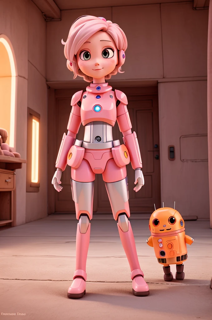 Create the image of a light pink and orange droid with silver accents and a friendly countenance