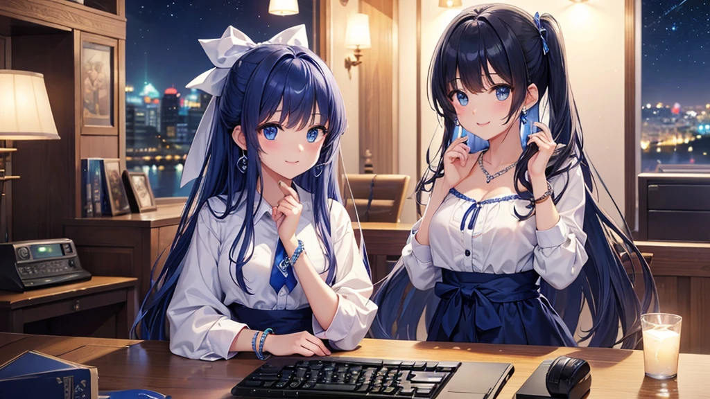 Highest quality、Highest quality、masterpiece、(8K),beauty(Age 25)、Navy blue long hair、blue eyes、smile、blue necklace、Blue Earrings、background(Night view)、Tie your hair with a checked ribbon、bracelet、Looking at a computer、Make the figures smaller