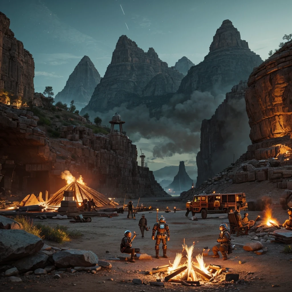 A dynamic, timeline-based image that visually narrates the evolution of humanity. Starting from the left, depict a Stone Age scene with early humans using primitive tools, surrounded by cave paintings and a campfire. As the timeline progresses to the right, show key historical milestones such as ancient civilizations building pyramids, the Renaissance with scholars and artists, the Industrial Revolution with factories and steam engines, the Space Age with rockets and astronauts, and finally, the modern era with advanced technology. Conclude on the far right with a futuristic scene of artificial intelligence, showcasing a humanoid robot, holographic displays, and interconnected digital networks. Each era is separated by subtle, glowing lines to signify the passage of time, with an overarching theme of innovation and progress. The background transitions smoothly from earthy tones on the left to sleek, digital hues on the right, symbolizing the journey from past to future."