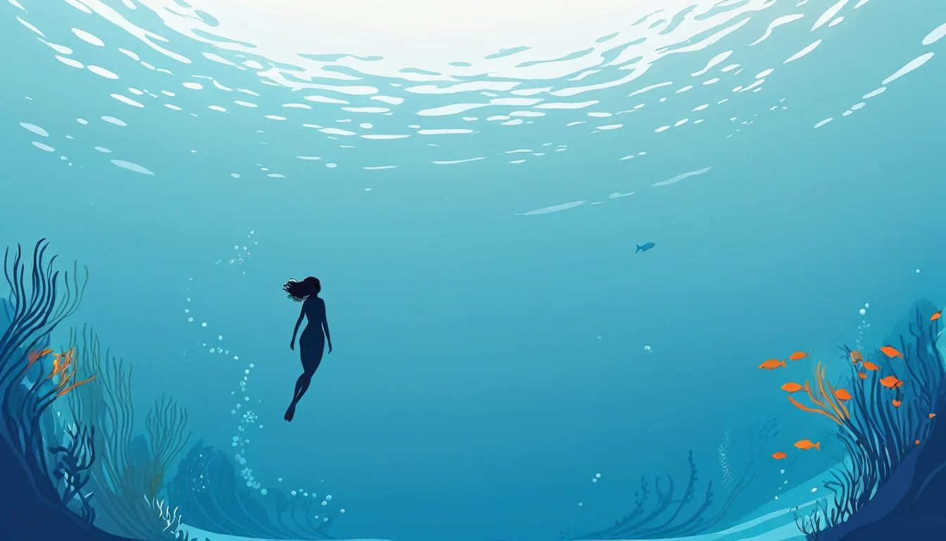 Minimalist Journey, diving, Solitary, 1 girl swimming gracefully with beautiful curves, Minimalism, Under the Sea, illustration.
