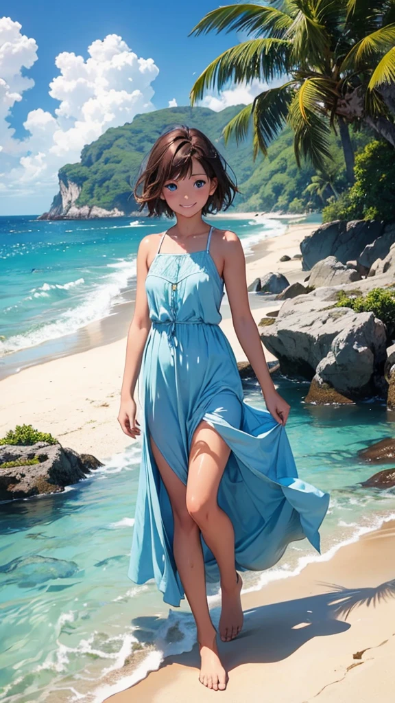 absurdres, 1girl, ocean, railing, white dress, (sun hat:0.85), smile, waving, (cowboy shot:0.3), (medium breasts:0.4), sexy body
