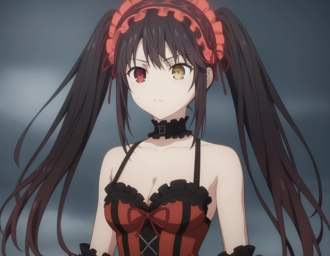 kurumi tokisaki, black hair, red eyes, long hair,
twintails, yellow eyes, hairband, heterochromia, dress, red dress, bare shoulders, collarbone, choker, bowtie, red bowtie, detached sleeves, corset, frills, cleavage,