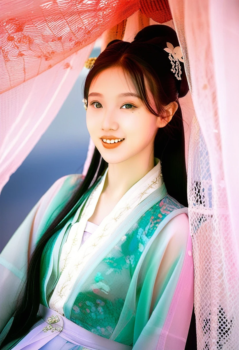 photography,Inspired by Song Huizong,4K
,high details,a girl,photo by Ren hang,solo,looking at viewer,smiling,multi -layer transparent and embroidered silk fabric lace hanfu,elegant,rich colors,expressive eyes,jade accessories,silk texture,pearl jewelry,rose petals,long hair,hime cut,wavy hair, dynamic soft lighting