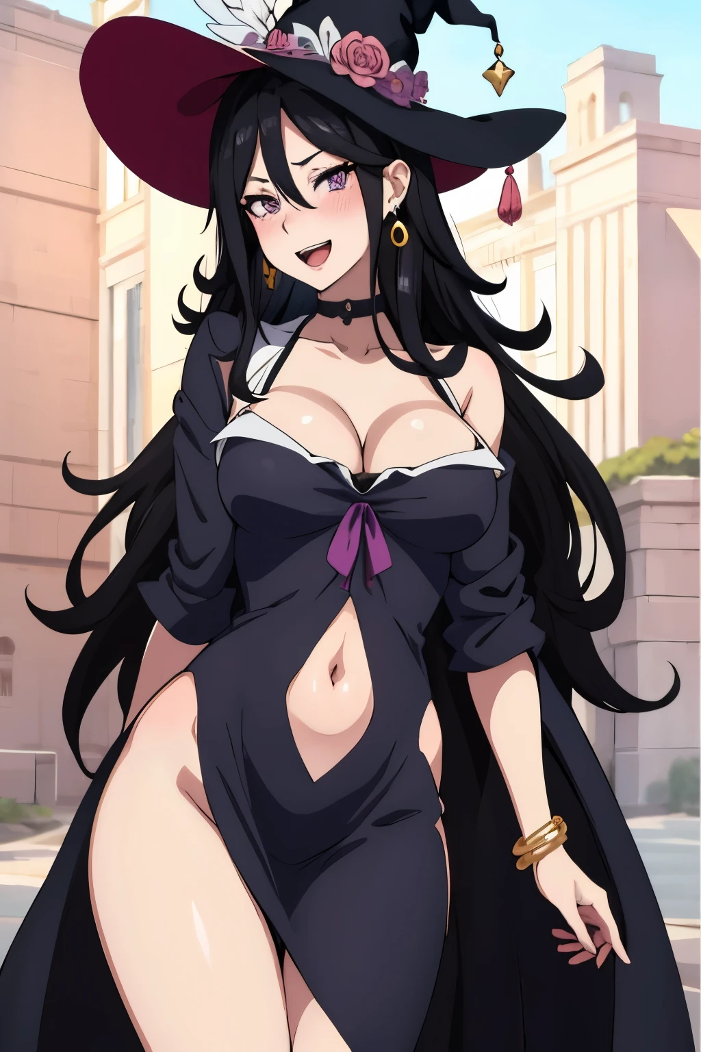 1girl, solo,  long hair, black hair, cleavage, jewelry, bracelet, purple eyes,  sumeragi lee noriega, , blush, lipstick,  witch hat, black dress, long sleeve, holding a wand, castle, outdoors,, masterpiece, best quality, highly detailed, a anime girls in long dress with navel cutout posing for a picture, evil smile, smile, open mouth, (nsfw) not safe for work, revealing dress, beautiful dress center opening , long dress with bellybutton showing, ecchi anime style, anime girls, ecchi style, ecchi, digital anime art!!, in anime style, official artwork, visual novel cg, beautiful anime girl, anime style 4 k, exposed navel, exposed bellybutton, jewelry, earrings