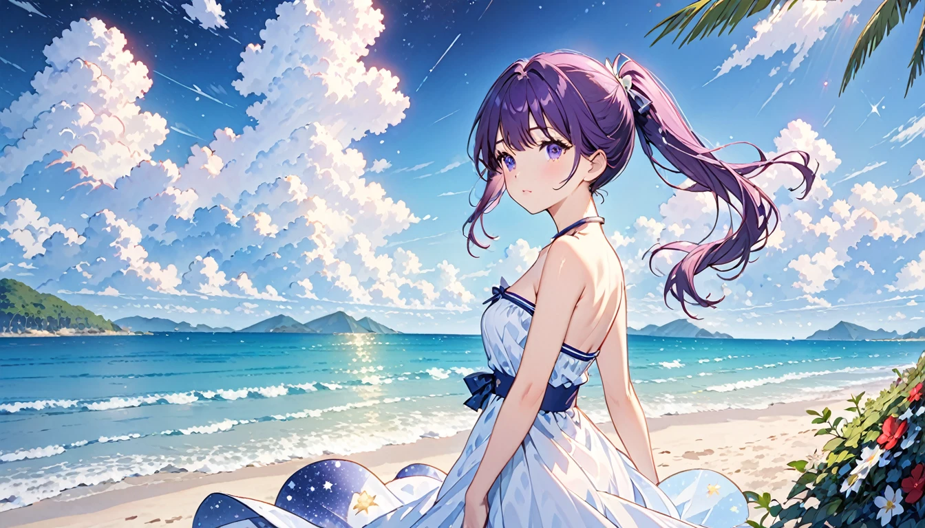 (Highest quality、8K、masterpiece、Super detailed:1.2)、Cinematic Angle、Cowboy Shot、Particles of light、Sparkle、Beautiful details in the eyes、Shiny skin、Shiny Hair、Purple Hair、Good eyes、Side Ponytail、Starry sky print、 Day、まだらのDay光、Blue sky、Beautiful Clouds、Beach、Wide Shot、Depth of written boundary、Blurred、Ocean、Distant islands、 1girl, solo, sexy, rib, cute, clavicle, (whole body)