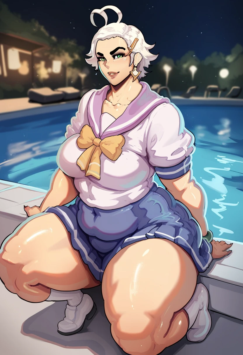 ltra detailed, subsurface scattering, OverallDetail, (score_9, score_8_up, score_7_up), in pool, night, jujunaught green short hair，Green Eyes，Bow hair accessories，Hairpin，Purple and sailor collar，Striped sailor suit，Blue pleated skirt，White socks，leather shoes，Antenna Hair，Doudou Eyebrows