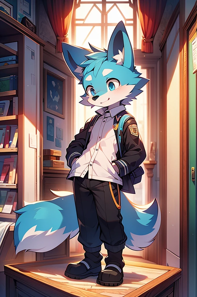 Blue fur, Canine, fox motif, boy, uniform,expensive,One person,Stand up on your own feet,