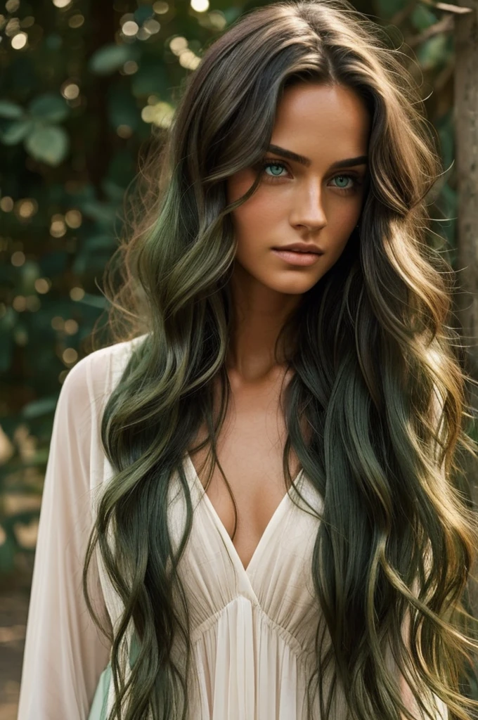 he was tall, his skin was slightly tanned, deep green eyes, Her hair was slightly long and her hair was wavy giving the feeling that it was layered., his jaw was square