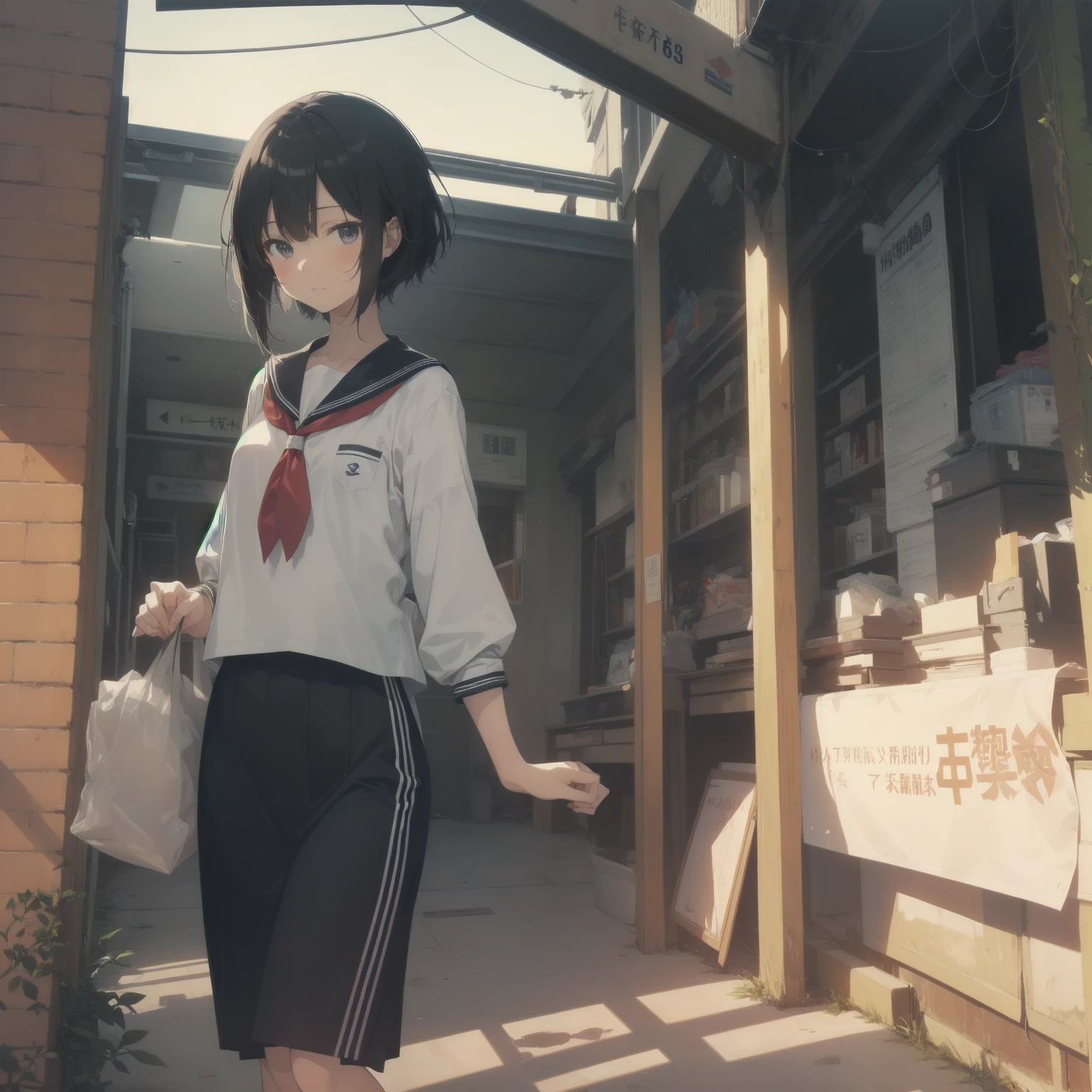 ultra-absurdres-Top quality by artist God, ultra-detailed, high resolution, anime moe artstyle, best anime 8k konachan wallpaper, pixiv contest winner, pool:2810, perfect anatomy,break, 1girl, (Please draw a girl walking sleepily to school alone. )break,(Solo,little female, 13-year-old:1.3),Full limbs, complete fingers,a junior high school student, (very short hair), short cut, flat chest, , small butt, small black eyes, beautiful detailed eyes, well-proportioned iris and pupils, expressive eyes, highres detailed hair, soft expression, salor school_uniform, sailor collar, serahuku, bow, pleated skirt,(Detailed Lighting), (Detailed background), in the School commute route. break,super detailed skin, Best cinematic lighting powered by famous artist, 8k,beauty illustration,photoshop_(medium),very aesthetic,break,((artist:saiguchi_otoufu )), artist:clamp ,artist:carnelian ,artist:kantoku ,