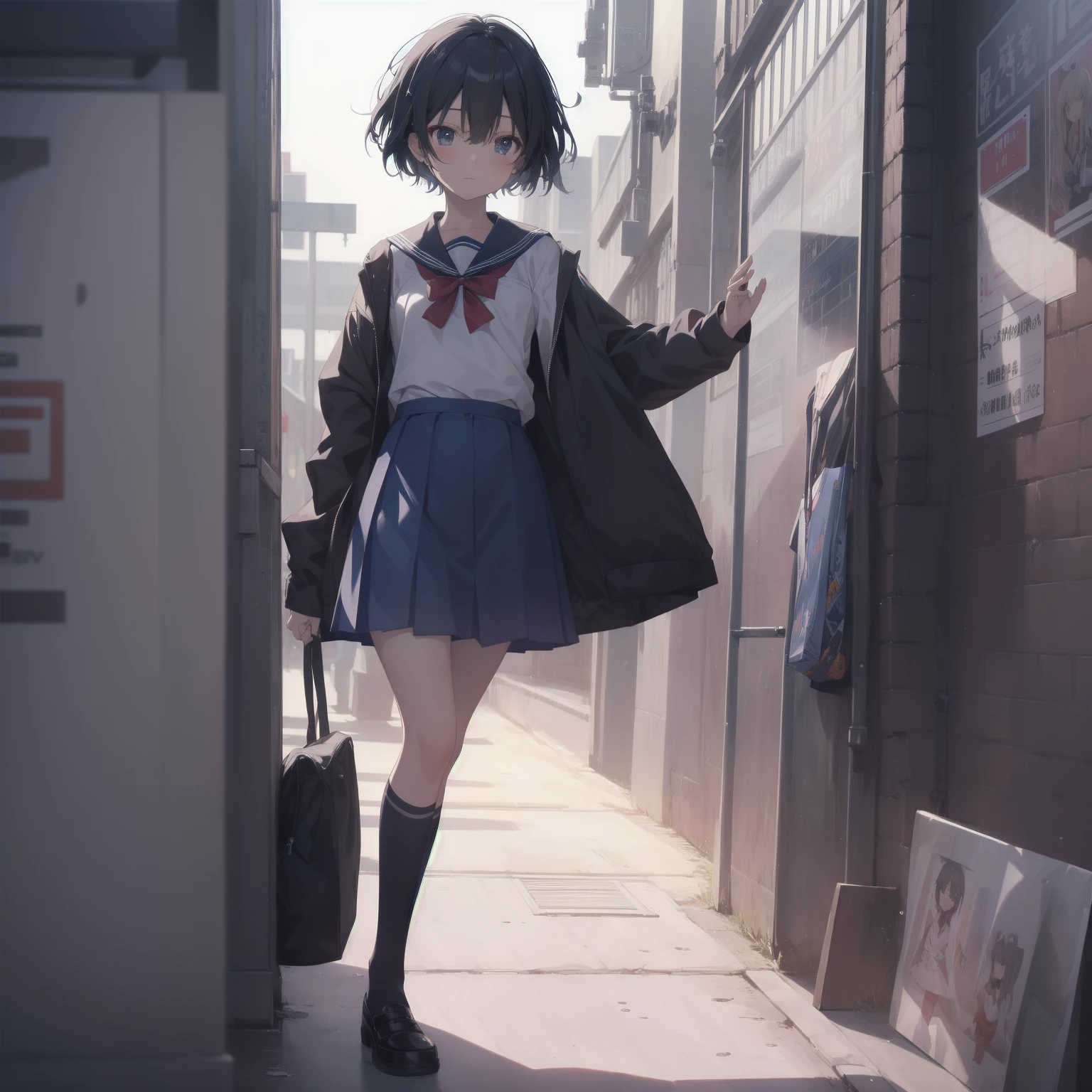 ultra-absurdres-Top quality by artist God, ultra-detailed, high resolution, anime moe artstyle, best anime 8k konachan wallpaper, pixiv contest winner, pool:2810, perfect anatomy,break, 1girl, (Please draw a girl walking sleepily to school alone. )break,(Solo,little female, 13-year-old:1.3),Full limbs, complete fingers,a junior high school student, (very short hair), short cut, flat chest, , small butt, small black eyes, beautiful detailed eyes, well-proportioned iris and pupils, expressive eyes, highres detailed hair, soft expression, salor school_uniform, sailor collar, serahuku, bow, pleated skirt,(Detailed Lighting), (Detailed background), in the School commute route. break,super detailed skin, Best cinematic lighting powered by famous artist, 8k,beauty illustration,photoshop_(medium),very aesthetic,break,((artist:saiguchi_otoufu )), artist:clamp ,artist:carnelian ,artist:kantoku ,
