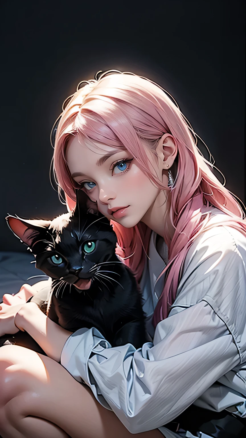 Girl with cat, Black cat, Pink Hair、blue eyes, Avatar