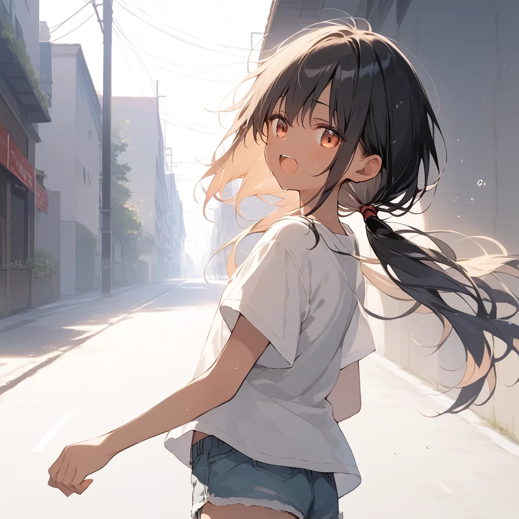 score_9, score_8_up, score_7_up, source_anime, best quality, masterpiece, official art, absurdres, highres, ultra-detailed,waifu2x,Collection: Slice of Life,break,1girl, tomboy, dark-skinned female, short hair, low ponytail, flat chest, beautiful detailed eyes, short shorts, sweat, open mouth, (yawn:0.3), sleepily, outdoors, wind, break,(clear line illustration:1.2),very high resolution, very aesthetic, super detailed skin, Best sexual lighting powered by famous artist, 8k,cute picture,beauty illustration,photoshop_(medium),,(Detailed Lighting),best anime 8k konachan wallpaper, pixiv contest winner, 