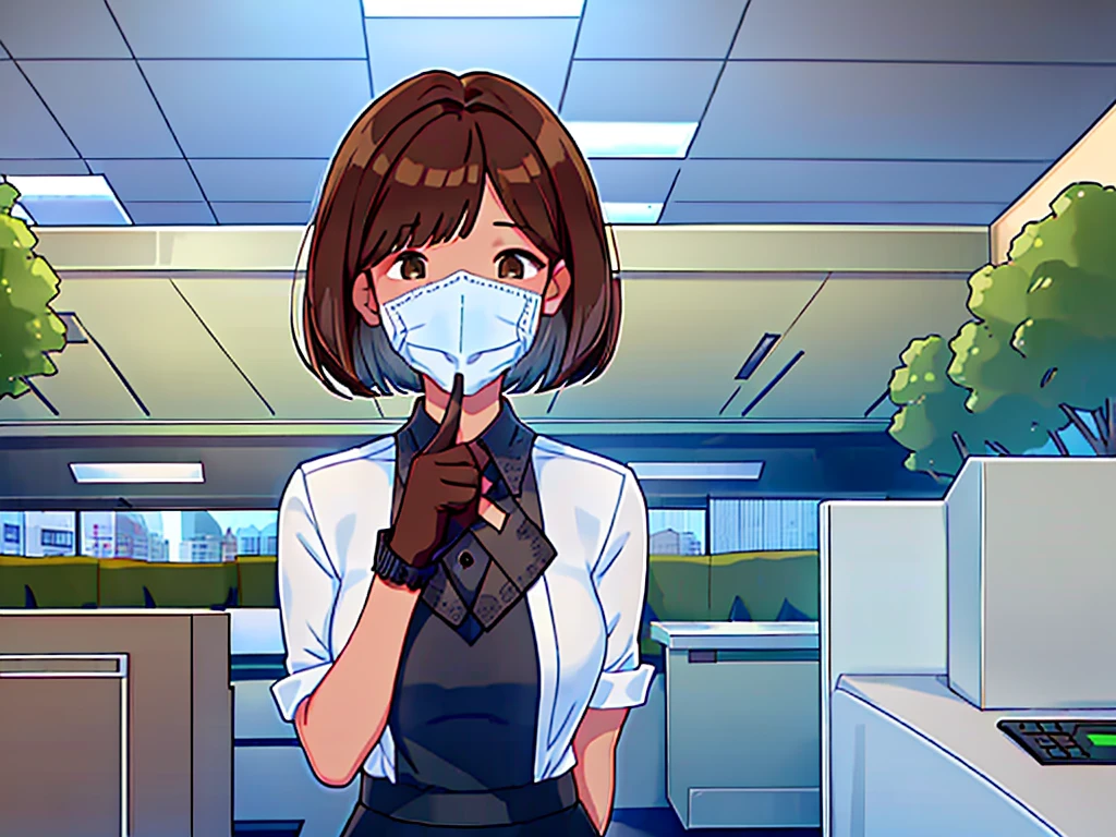 news studio, (((faceless office lady))), brown hair, bob cut, upper body, leading news, small wipe of park, detailed news program, ((from front)), [pixel art]