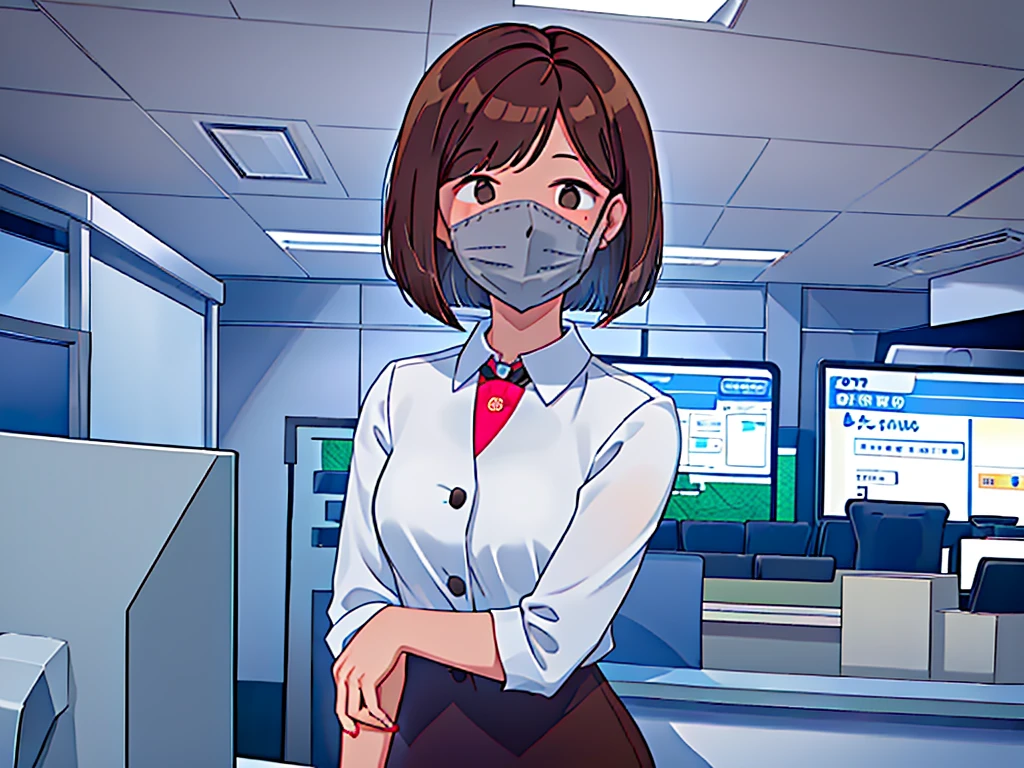 news studio, (((faceless office lady))), brown hair, bob cut, upper body, leading news, small wipe of park, detailed news program, ((from front)), [pixel art]