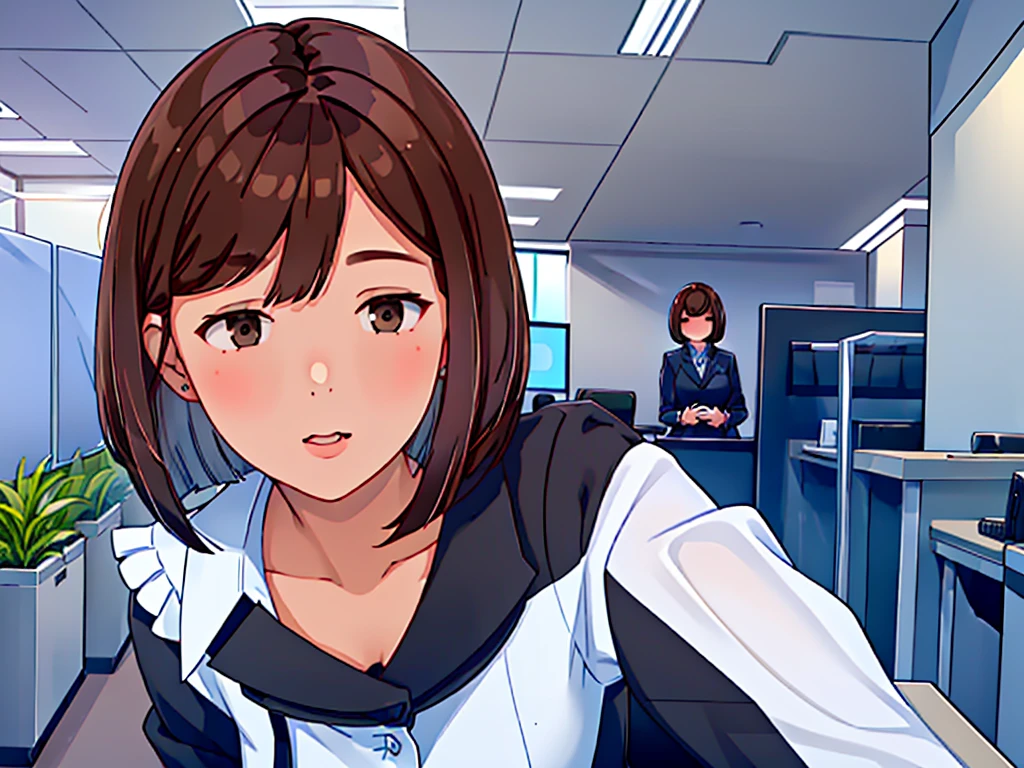 news studio, (((faceless office lady))), brown hair, bob cut, upper body, leading news, small wipe of park, detailed news program, ((from front)), [pixel art]