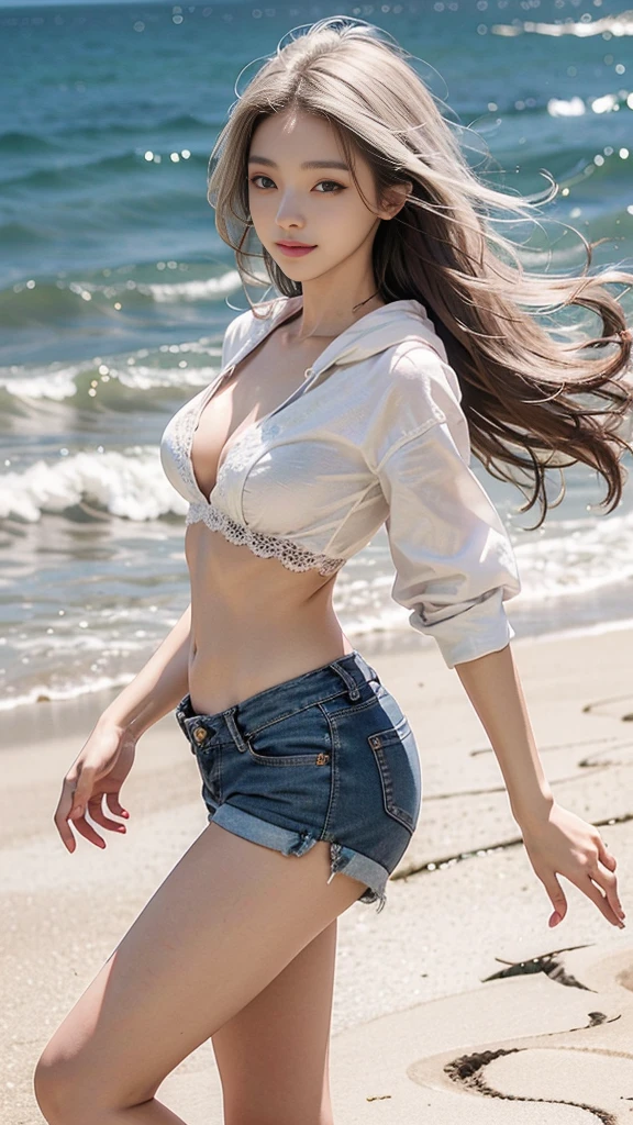 Best products by professional photographer,(Best quality,realisticphoto,detailed:1.1),Korean k_pop girl、Beautiful double eyelids、very Small flat breasts,white hair,Beautiful Skin,beautiful maked up face,narrow eyes,thin lips,large mouth,delicate slim body,smile,fun,beach,hoodie,shorts,summer,windy, Shooting from below at an angle,Low - Angle,bellybutton,smart legs