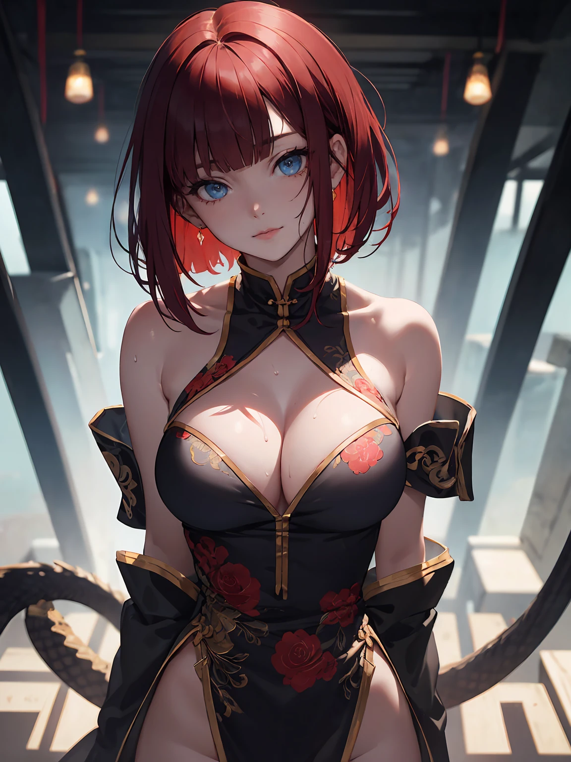 (1 woman:1.5,solo:1.5),
30 years old,
(very young woman:1.2),
(fit body:1.3),
(slender waist),
(slender leg),
perfect fingers,
nice hands,
perfect hands,
femenine hands,
good hands,
blurry background,
depth of field,
beautifully shaped nose,
break,
(shoot from front:1.35),
break,
(blue theme:1.4),
break,
(choker)
see-through,
break,
qipao,
deep slit,
dragon embroidery,
dragon_print,
strapless,
sleeveless,
break,
standing,
(arms behind back:1.3),
head tilt,
(side bent:1.5),
(upperbody:1.1),
break,
(beautiful detail eyes:1.4),
(ivory blue eyes:1.4),
model,
break,
extremely detailed hair,
(short hair:1.3),
(straight hair:1.3),
shiny hair,
(pixie cut),
(crimson hair with light red tips hair:1.4),
(blunt bangs),
break,
(MEDIUM HUGE BREAST:1.1),
(GIGANTIC HUGE HIP:0.6),
saggy breasts:1.2,
pendulous breasts,
realistic breast physics,
(hanging breasts),
break,
(pale skin:1.1),
(gleaming skin:1.3),
(sweat:1.1),
weat:1.3,
oily skin,
shamefull,
(blush,smile:0.8),
break,
(masterpiece),
(best quality),
(very high resolution),
(professional anime),
beautiful lighting,
super fine illustration,
insanely detailed,
beautiful detailed,
beautiful detailed face & eyes,
beautiful detailed body,
beautiful detailed skin,
8K,
beautiful girl,
pretty girl,
(depth of field:1.3),
break,
China,
Beijing,
Restaurant Li Qun Roast Duck,