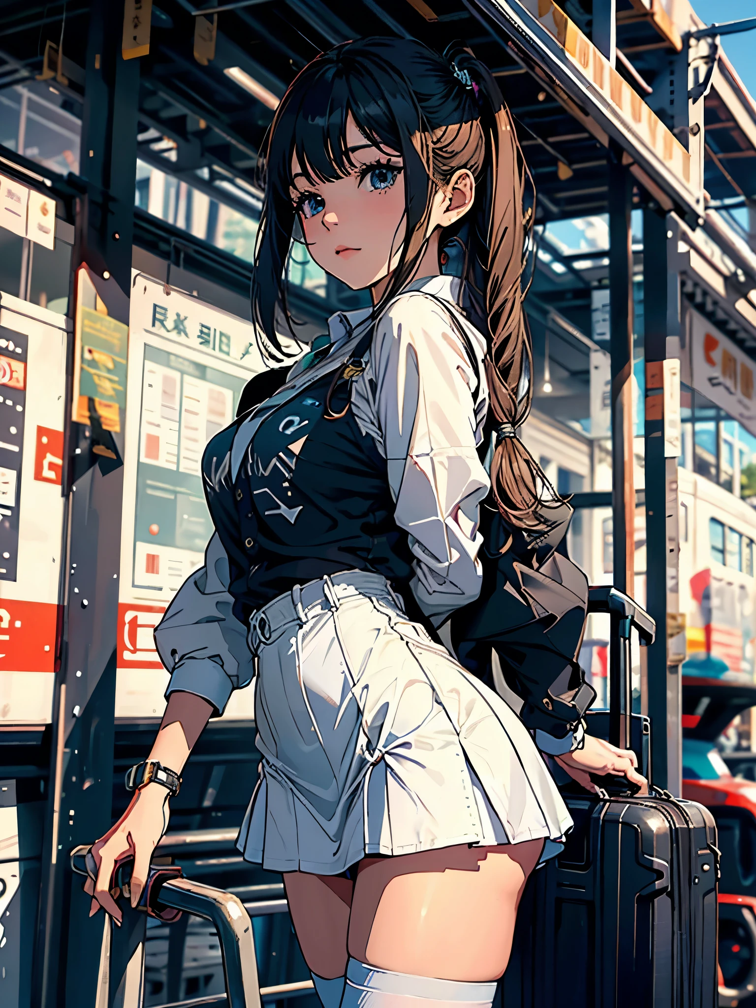 1 girl, standing, deadlines_hideadlinesx style, Home, schoolar uniform, school bag, twintails, car, carrying bag