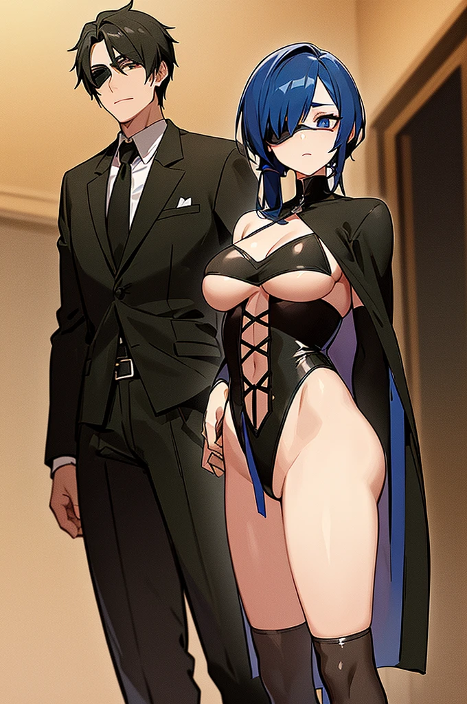 (masculine) (android)  (his hair is navy blue, accompanied by lighter blue highlights, which she keeps tied up in a long ponytail that reaches to her waist. His bangs are cut into a long fringe that falls over the right side of his face and almost covers his right eye..  (a tall young man, thin complexion and sepia skin, which stands out for giving it a strange appearance. Its visible eye is sharp and periwinkle with long eyelashes and the same diamond-shaped pupil.,his clothes were black, in the torso, wore a corset. , and tight black pants, He wore boots that reached a little above his knees., He wore an eyepatch over his right eye., He had black gloves and a black cape with a little feathers and the clothes had an opening that showed his pectorals.) (background of a clear sky with vegetation and is on a balcony)