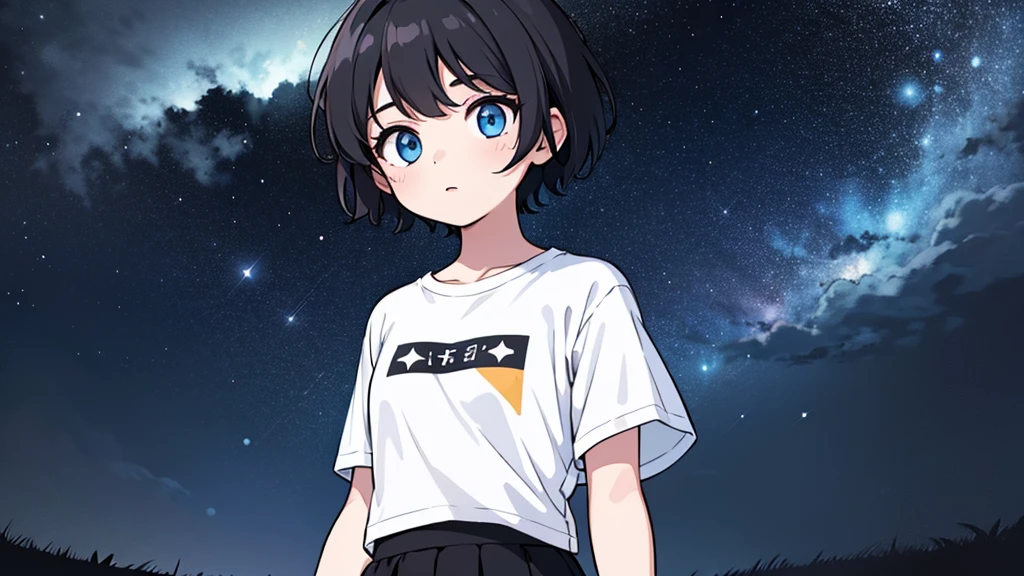 1girl, solo, blue eyes, (detailed eyes), flat chest, short hair, black hair, ((white t-shirt)), simple t-shirt, black skirt, black socks, upper body, ((masterpiece, illustration, best quality)) standing on a field viewing up the night sky with dark clouds and stars