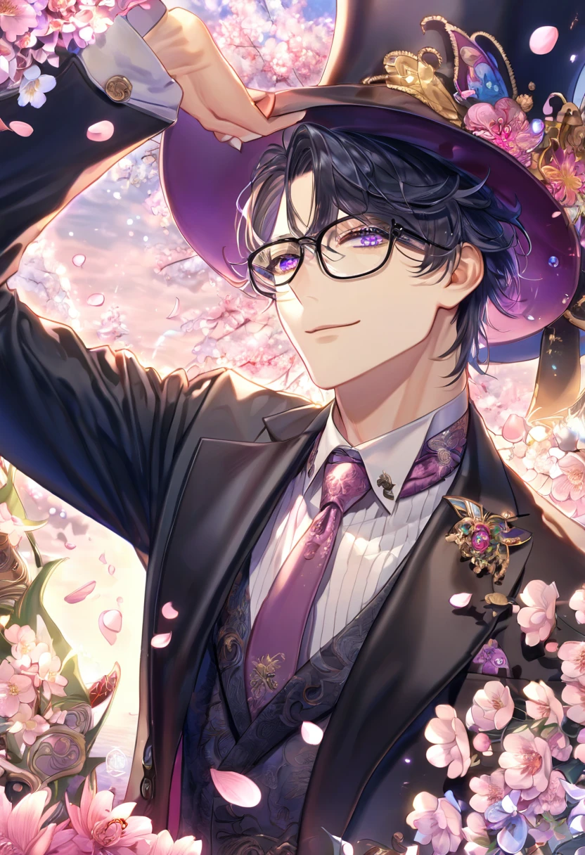 Ultra detailed, highres, absurdres, HDR, master piece, Hirato, black hair, hair is parted to the left which sticks out at the ends, expressive violet eyes, Karneval, fantasy, pink petals, water, pink flowers, handsome, sexy man, solo, best quality, blossoms, blue shining fireflies, handsome smile, black rectangular glasses, black gentleman hat, plum coloured tie, black jacket,