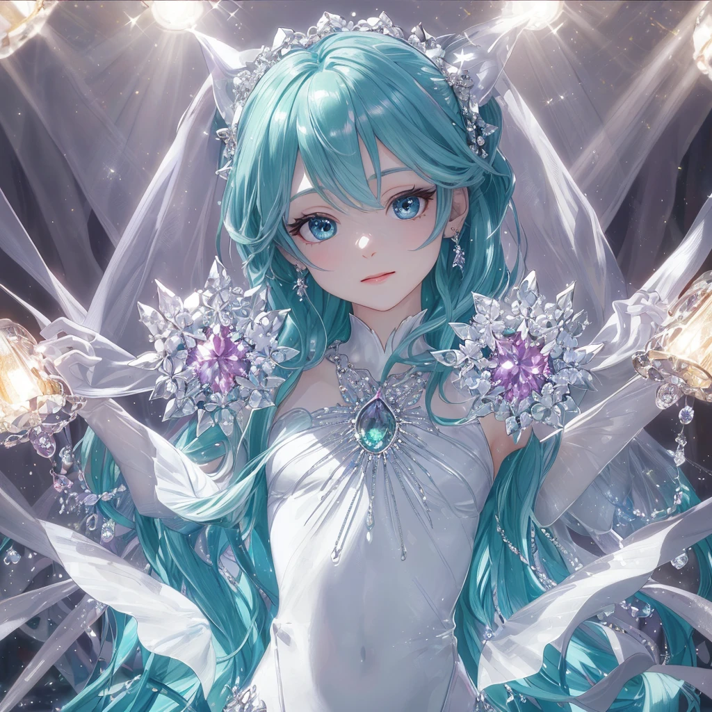 masterpiece, highest quality, figure, alexandrite eyes and hair, platinum earrings, Platinum Necklace, white dress, The Little Mermaid, cute, (dynamic lighting:1.2), cinematic lighting, delicate features, fine eyes, sharp pupils, realistic student, Depth of bounds written, Bokeh, sharp focus, (very detailed, bloom, shine:1.4), Many Small Gems, hatsune miku, showing the tongue