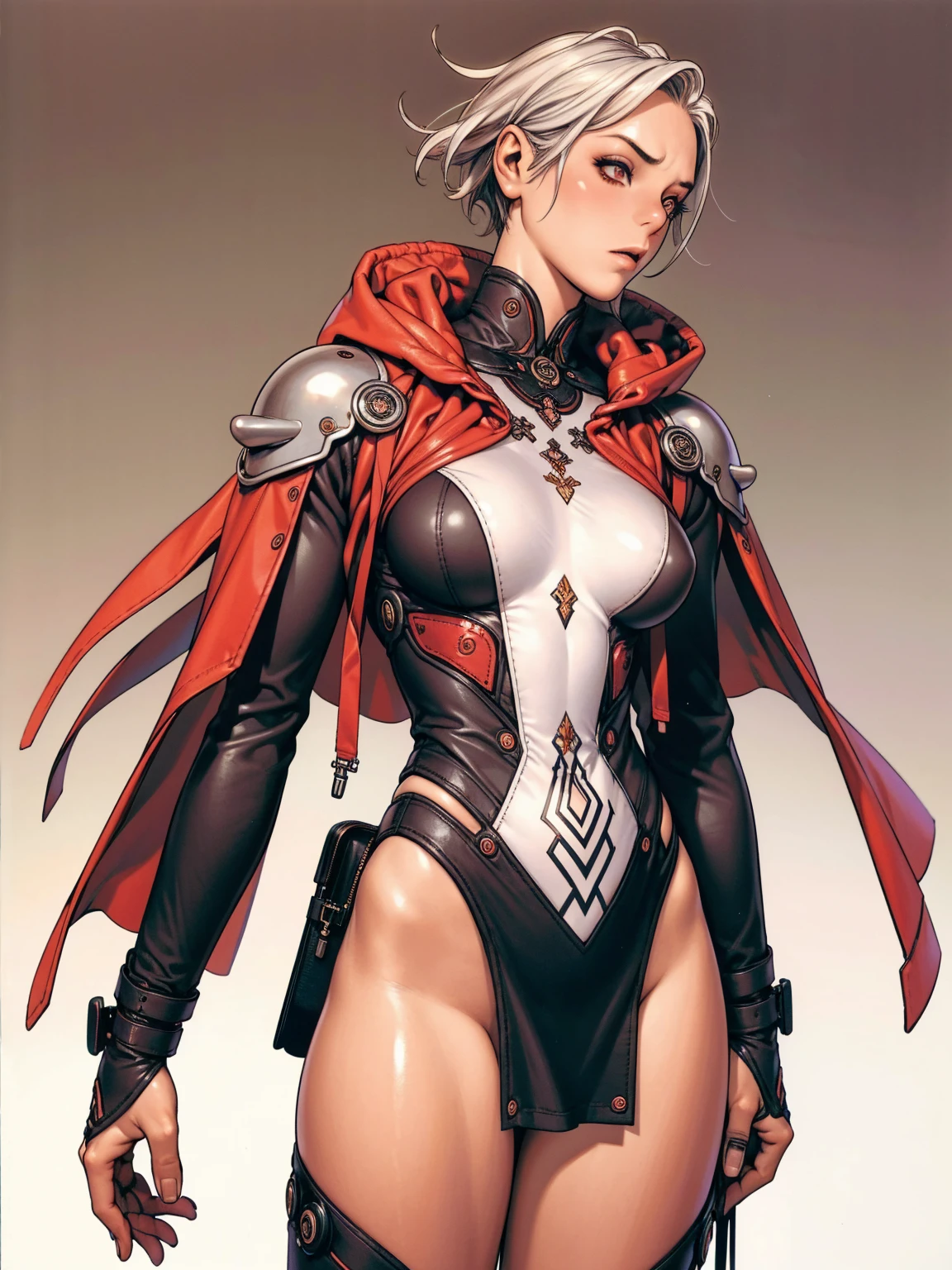 (((Annie Lennox))), (((Dark red))), (scars), (((Bandaged body))), ((hooded cloak)), (((best qualityer: 1.4))), (Unbeatable masterpiece), (hiper HD),(CG 8k hyper-realistic), (((brave face))), (((breasts big))), (((hyper feminine))), sexly girl, black tattoo,(ultra short pink hair)), ((( sculptural body ))), (((1 Kizi))), Kizi tatuada de 25 anos com perfectbody,,Beautiful and well-groomed face,muscular body:1.2,solid color detailed jacket, (Head to thigh photos), Complex equipment, green dark,long pants,Tight clothes are dark,With white stars and off-white stripes,,,,,Armor Metal Electronic Parts, Poison tattoos ) INFO, Kizi, (((standing alone))), pirralha violent, (((14歳))), sexly, pose de atitude, work of art, post-apocalypse, (((manga style))), bounty hunter, violent, Manic, the way you want, slenderbody, thin but strong, perfectbody, roupa moderna, advanced technology, Pleated mini skirt with checkered pattern in red and black, fur collar jacket, sleeves with vertical striped pattern, neutral background, (( cowboy shot )). intricate visual