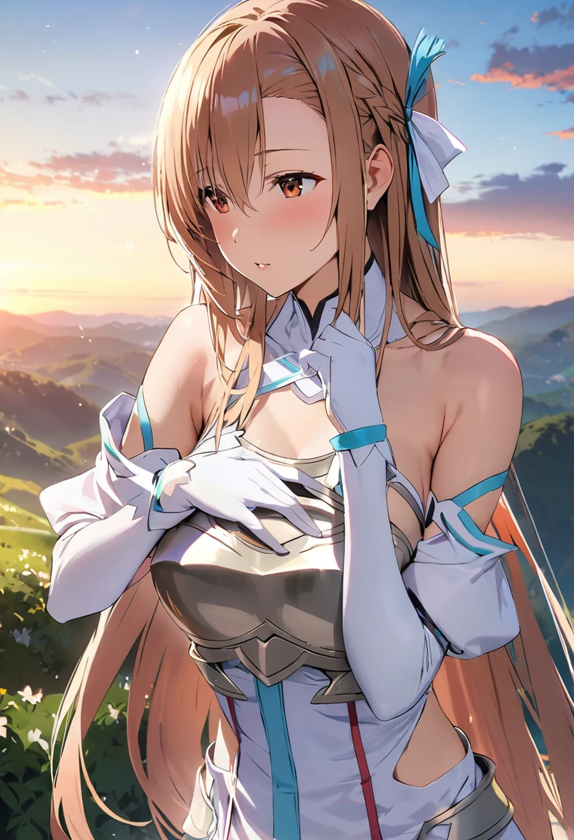((masterpiece)), Highest quality, Very detailed,(One Girl),Yuki Asuna、Asuna (stay), brown eyes, bare shoulders, breastplate, armor, detached sleeves, gloves, white gloves, (red and white dress), Long Hair, Beautiful background ,Clothing,  chest, (((aroused))), (((in heat))),