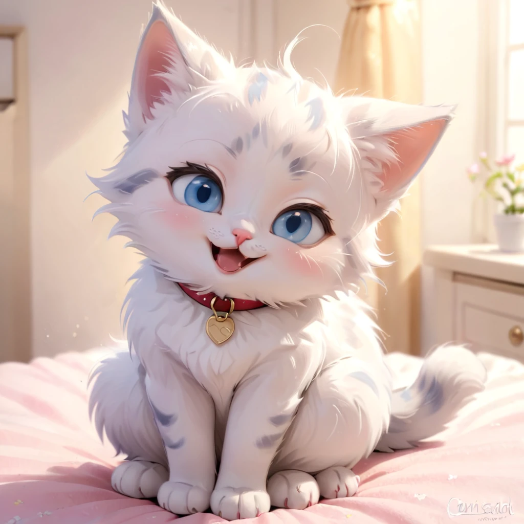 an adorable cartoon-style kitten sitting in a cute pose. The kitten has a fluffy blue and white fur pattern with large, expressive blue eyes and a happy, open-mouthed smile. The kitten's ears are pointed and slightly pink on the inside. It wears an red collar with a small gold tag. The fur is detailed and plush, giving the kitten a soft and cuddly appearance. The background is a simple, light pastel color to keep the focus on the kitten. The lighting is soft, adding a gentle glow to the scene.