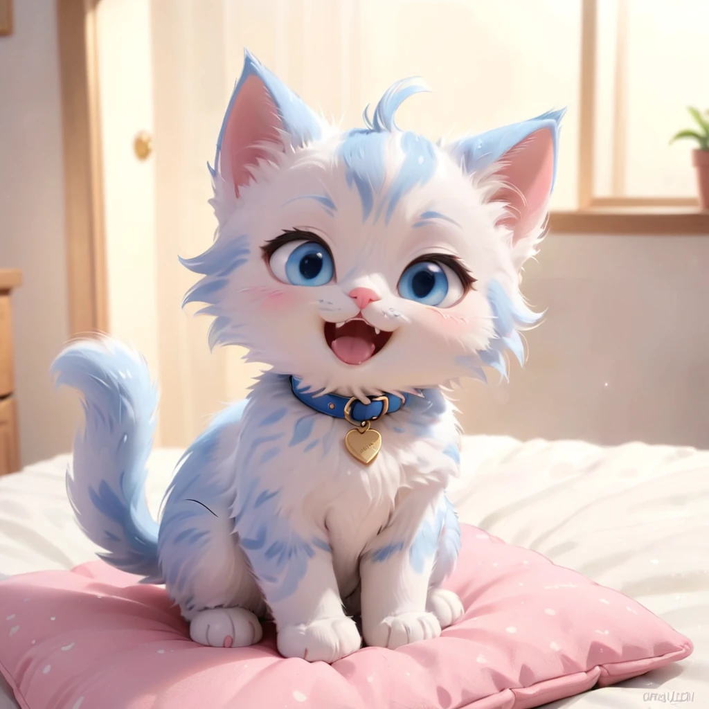 an adorable cartoon-style kitten sitting in a cute pose. The kitten has a fluffy blue and white fur pattern with large, expressive blue eyes and a happy, open-mouthed smile. The kitten's ears are pointed and slightly pink on the inside. It wears an red collar with a small gold tag. The fur is detailed and plush, giving the kitten a soft and cuddly appearance. The background is a simple, light pastel color to keep the focus on the kitten. The lighting is soft, adding a gentle glow to the scene.