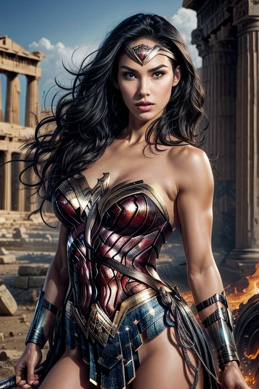 Art image of megan Fox as Wonder Woman, busty, beautiful, black hair, large breasts, ancient Athens background, by Louis Royo, Boris Vallejo, Frank Frazetta, extreme focus, sharp details, sexy,  oily skin, sexy, naughty, sexy pose