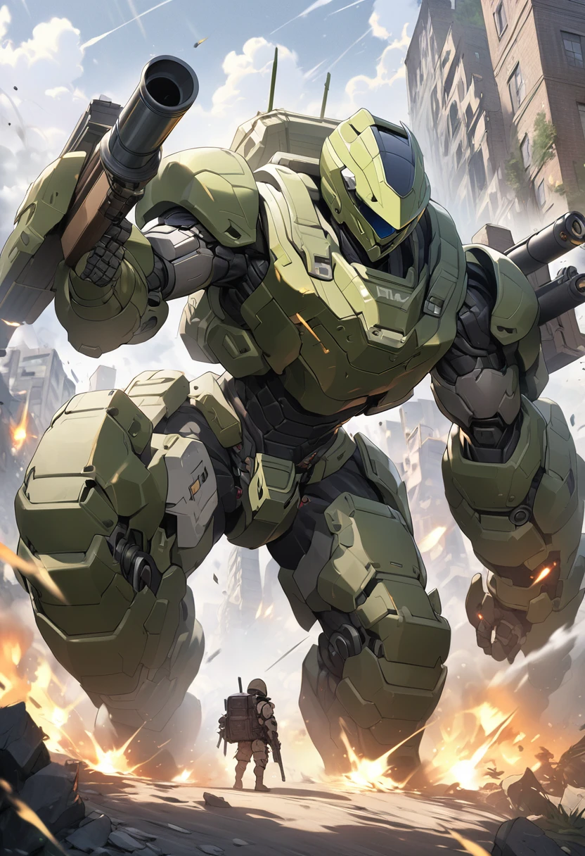 A humanoid military robot 3 meters tall with a helmet-shaped head and goggle mono-eye, The body armor is covered with highly bullet-resistant reactive armor.Stylish but rugged armor, Olive green faded armor, He has a backpack on his back that holds weapons and ammunition, on one arm Equipped with a Gatling gun, a bullet supply belt connects from the Gatling gun to the backpack, and a large number of empty cartridges are ejected from the Gatling gun.Dynamically hitting a Gatling gun, The background of a ruined town, a mixture of fog, gunpowder and dust, a sense of tension and tension, (high resolution, high resolution digital art, 4k, 8k. Masterpiece: 1.2) Ultra detail, Movie-like lighting, ultra-fine painting, concept art,